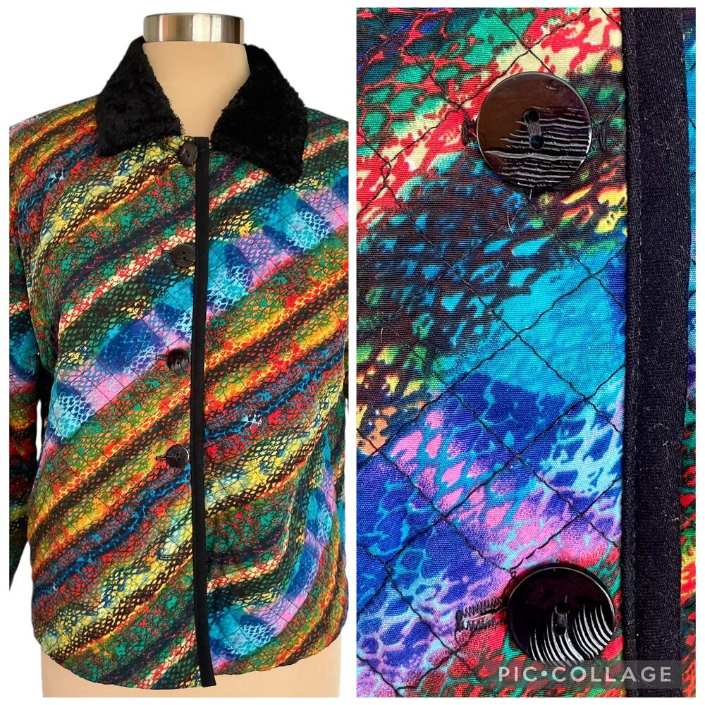 VTG Pine Cove Rainbow Quilted‎ Jacket Womens Sz 8 Sherpa Collar Button Front